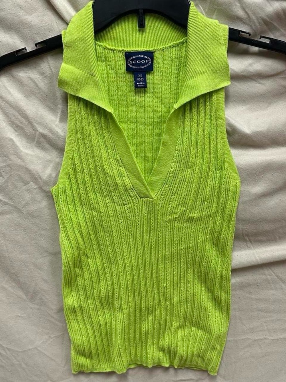 Preppy neon lime green v neck sleeveless collar shirt.